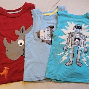 3 Sleeveless Boys T-Shirts - Robot Shark Rhino - 4T